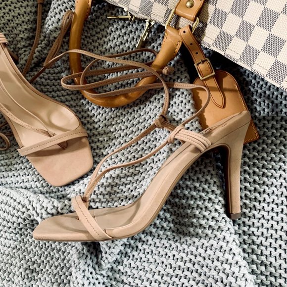 New๐ฅ Nude Thong Leg Wrap Lace Up Gladiator Sandal Square Open Toe Stiletto Heel - Picture 7 of 10